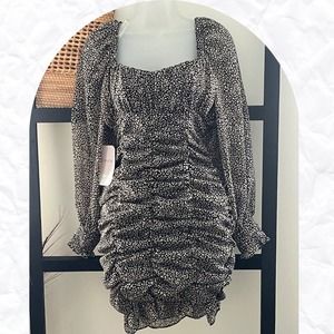 NWT DressUp Women's Black Leopard Print Sweetheart Neck Ruched Mini Dress Size L